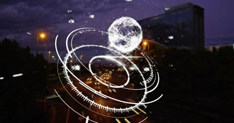 Thin white ring appearing over road, HUD overlay rings expanding and globe Stock Footage 331108848