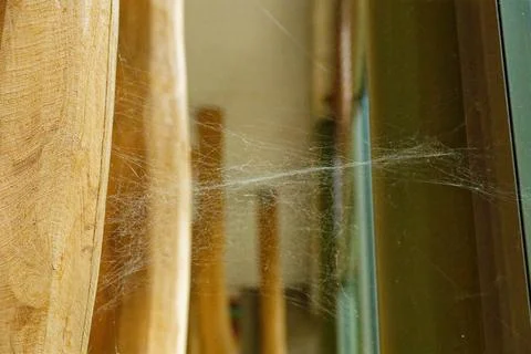 Thin white spiderweb between old wooden beams in natural setting Stock Photos