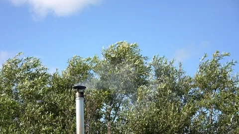 Thin Wisps of White Smoke Drifting From a Backyard Chimney Into Blue Skies Stock Footage 346048719