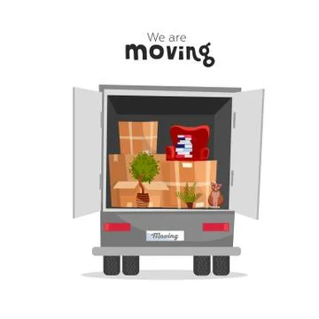 Things in box in the open trunk of the truck. Moving House. Moving courier va Stock Illustration
