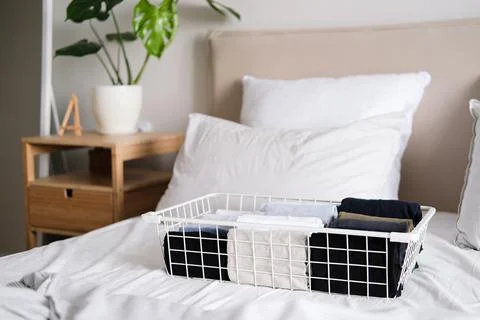 Things in mesh storage containers. Vertical storage of clothing. Sorting clothes Stock Photos