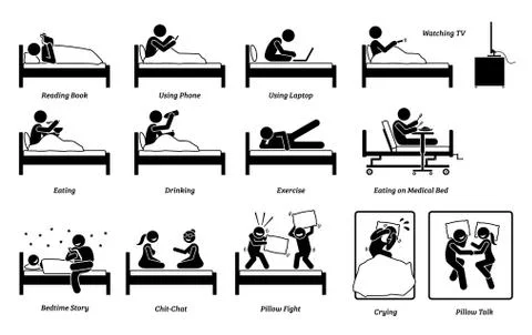 Things that people do on the bed inside the bedroom. Vector of person reading Stock Illustration