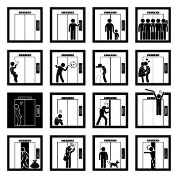 Things that People do inside Elevator Lift Stick Figure Pictogram Icons Stock Illustration