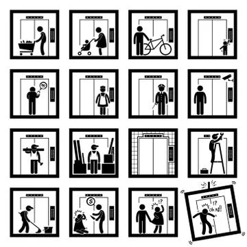Things that People do inside Elevator Lift Stick Figure Pictogram Icons (second  Stock Illustration