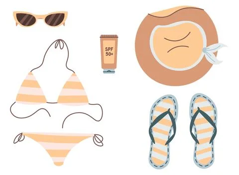 Things for relaxing on the beach. Bikini, hat, sunscreen, glasses, slippers.  Stock Illustration
