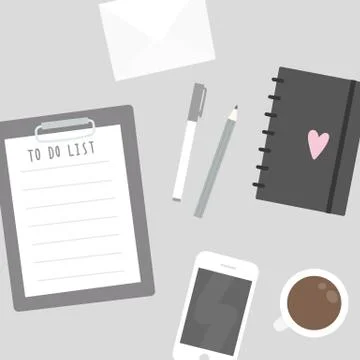 Things on the table. To do list, mobile phone etc. Stock Illustration