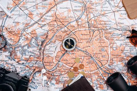 Things for travel on a world map background Stock Photos