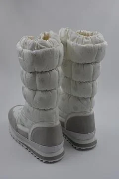 Things, winter women's boots with silver snowflakes, gray leather inserts. Stock Photos