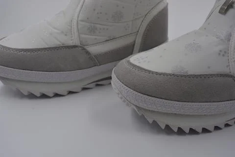 Things, winter women's boots with silver snowflakes, gray leather inserts. Stock Photos