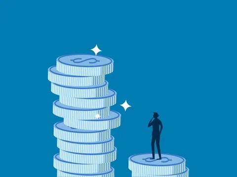 Think about creating more profits. Businessman makes decision on pile of mone Illustrazione stock