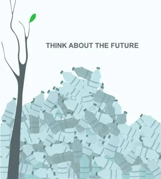 Think about the future. Dump with heap of plastic bottles and lonely tree on Stock Illustration