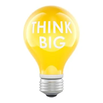 Think Big, yellow light bulb with text. 3D rendering Stock Illustration
