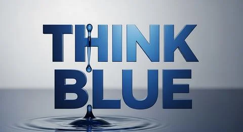 Think blue text design featuring falling liquid droplet splashing into pool.. Illustrazione stock