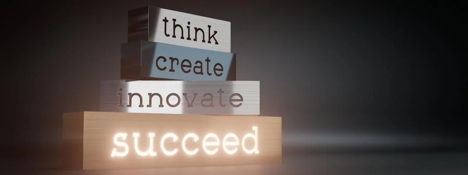 Think, create, innovate, succeed - block shapes and glow effect Stock Illustration