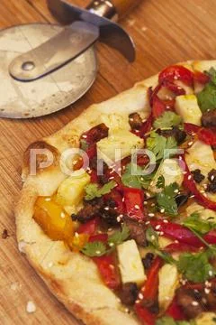 Think Crust Pizza with Peppers, Pork and Pineapple Stock Photos