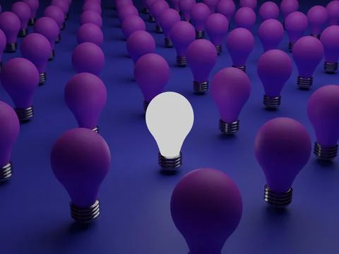 Think different. outstanding light bulb with purple light bulb on blue Stock Photos