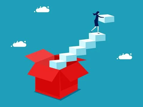 Think outside the box and develop yourself. A businesswoman builds a ladder o Stock Illustration