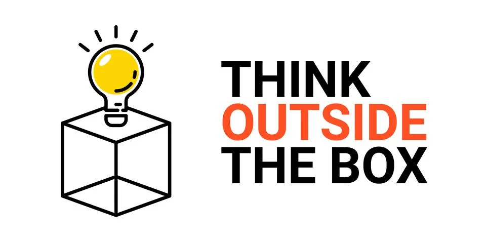 Think outside box concept vector business positive out quote motivation title Stock Illustration