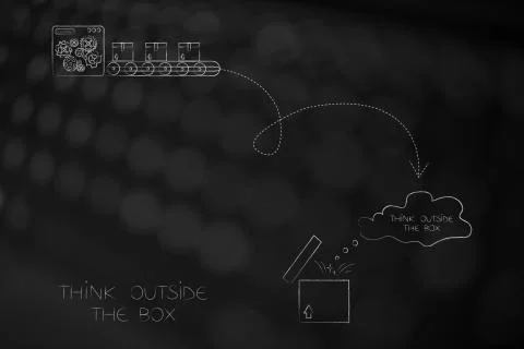 Think outside the box factory machine producing sealed parcel and a single on Stock Illustration