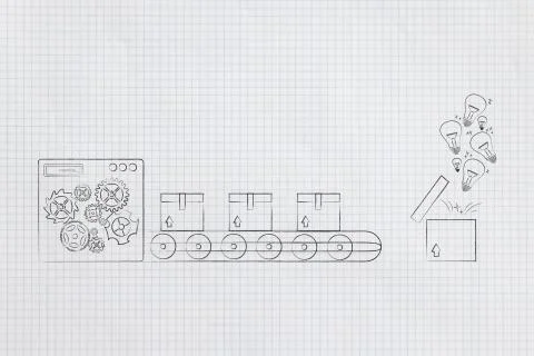 Think outside the box  factory machine producing sealed parcel and a single o Stock Illustration