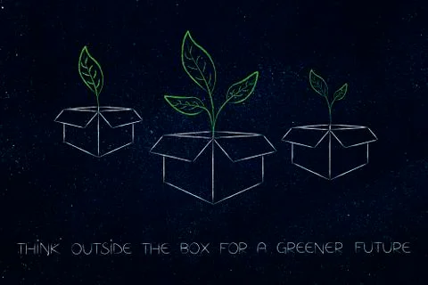Think outside the box for a greener future, group of parcels with leaves grow Illustrazione stock
