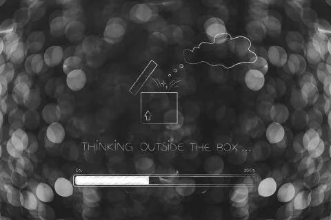 Think outside the box open parcel with though bubble flying out and progress  스톡 일러스트