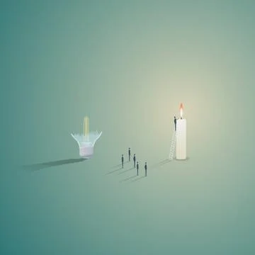 Think outside the box solution with broken lightbulb and candle burning and Stock Illustration