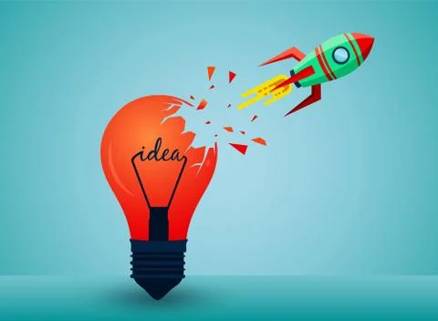 Think outside the box. Space Shuttle ejected from the lamp launch to the sky. Stock Illustration