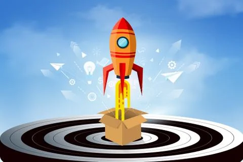 Think outside the box. space shuttle launch to the sky ejected from circle. s Stock Illustration