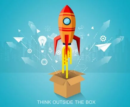 Think outside the box. space shuttle launch to the sky ejected from circle. s Stock Illustration