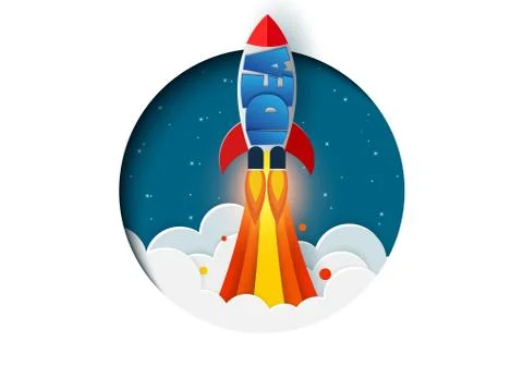 Think outside the box. space shuttle launch to the sky ejected from circle. s Stock Illustration
