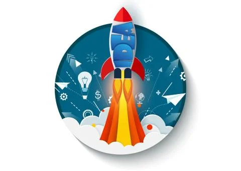 Think outside the box. space shuttle launch to the sky. startup business conc Stock-Illustration