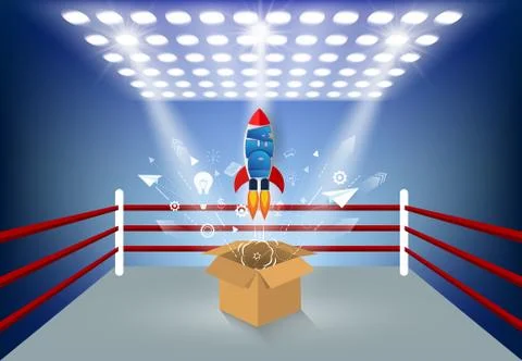 Think outside the box. space shuttle ejected from the brown box on boxing rin Stock Illustration