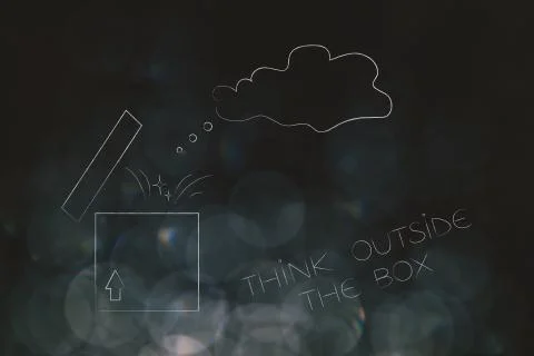 Think outside the box thought bubble breaking free from open parcel 库存插图