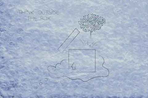 Think outside the box thought bubble with open parcel and circuit brain break 库存插图