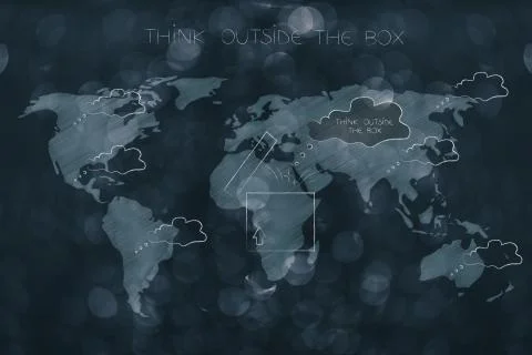 Think outside the box world map with thought bubbles and one open box with co Illustrazione stock