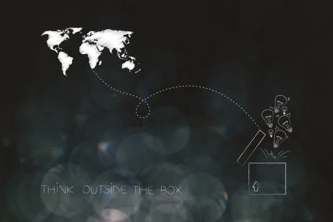 Think outside the box world map with arrow leading to open box with lightbulb Illustrazione stock