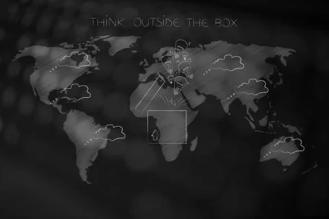 Think outside the box world map with thought bubbles and one open box with id Illustrazione stock