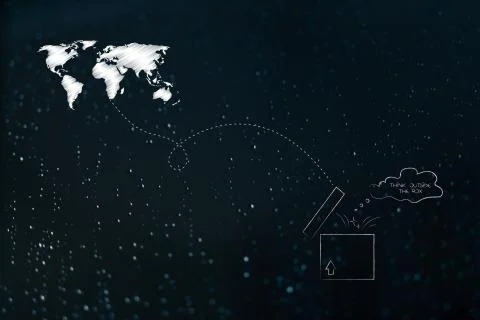 Think outside the box world map with arrow leading to open box with thought b Illustrazione stock