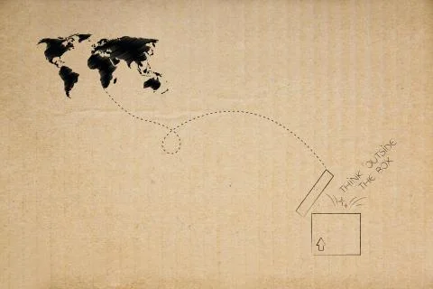 Think outside the box world map with arrow leading to open box with caption p Illustrazione stock