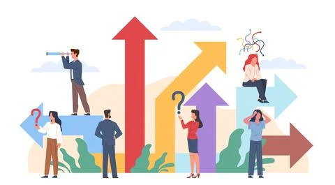 Think people choose path. Alternative options, tiny men and women group looking Stock Illustration