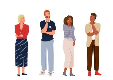 Think people in full length. Different nationality thoughtful men and women Stock Illustration