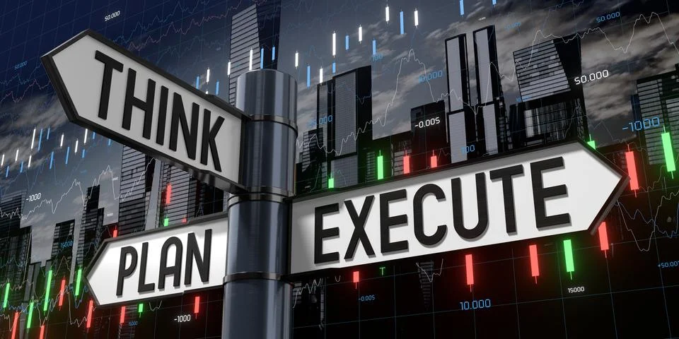 Think, Plan, Execute - Signpost with Three Arrows - 3D illustration Stock Illustration