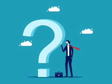 Think of a solution. businessman stands next to a big question mark. vector Stockillustratie