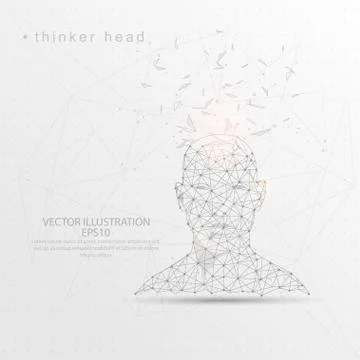 Thinker head front view shape digitally drawn low poly wire frame. Stock Illustration