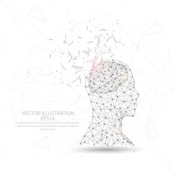 Thinker man head and brain digitally drawn low poly triangle wire frame. Stock Illustration