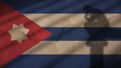 Thinker Shadow on Cuba Flag and Cracked Wall Stock Photos