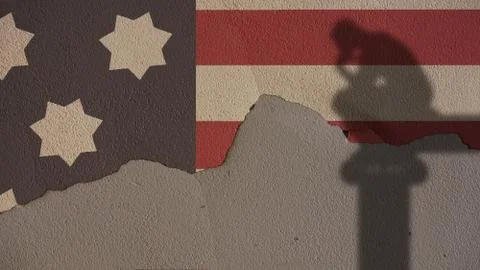 Thinker Shadow on Usa Flag and Grey Cracked Wall Stock Photos