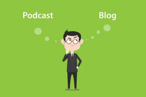 Thinking about the difference of podcast vs blog illustration with a white Illustrazione stock