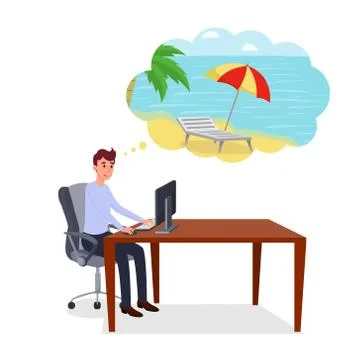 Thinking about holidays flat vector illustration. Smiling happy entrepreneur Stock Illustration